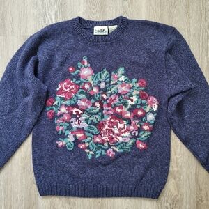 Navy Cotton/Wool Sweater With Floral Motif